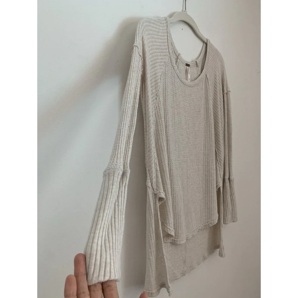 Free People‎ Sz S Ventura Pullover Beige Thermal Waffle Loose Cozy Soft Lounge